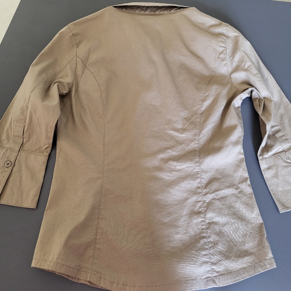 Women's Slim Fit Button Down 3/4 Sleeves Shirt Beige S - Picture 4 of 7